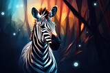 Fototapeta Dziecięca - Zebra animal dark wallpaper with bokeh, lights and trees in nature. Generative Ai.