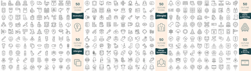 300 thin line icons bundle. in this set include alcoholism, alerts and warning, allergies, allergy s