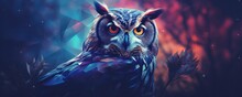 Owl Night Animal In Wild Nature With Dark Sunset Background, Panorama. Generative Ai.