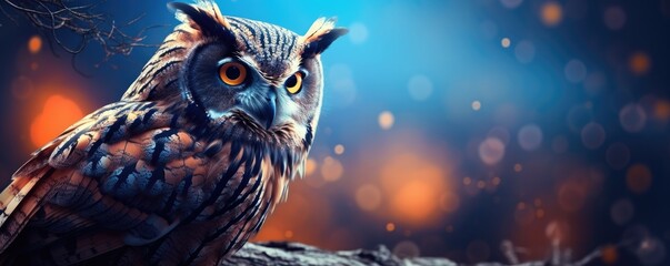 Owl night animal in wild nature with dark sunset background, panorama. Generative Ai.
