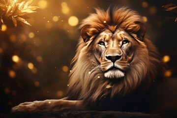 Wall Mural - Lion king animal of nature with  dark golden background.. Generative Ai.