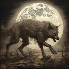 Wall Mural - a lone wolf under the full moon generative ai