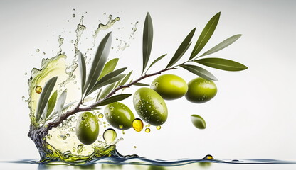 Wall Mural - Branch with olives and water drops on a light background.Generative AI