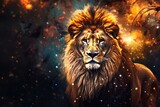 Fototapeta Dziecięca - Lion king animal of nature with  dark golden background.. Generative Ai.