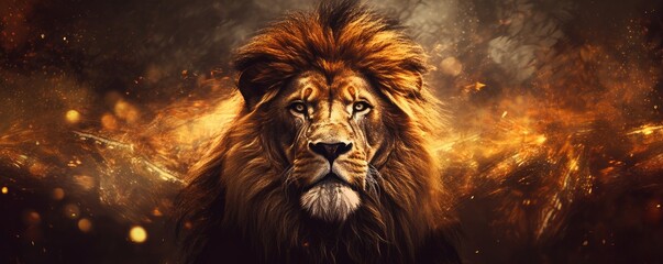 Canvas Print - Lion king animal of nature with  dark golden background, nature panorama. Generative Ai.