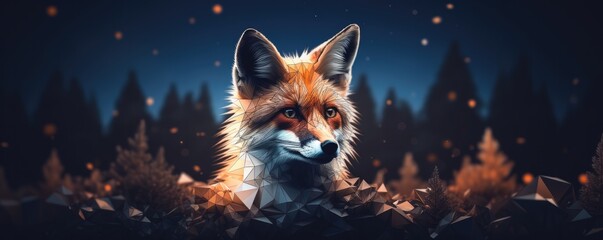 Canvas Print - Fox animal with bokeh dark sunset background, night nature panorama. Generative Ai.