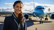 A female flight attendant stands in front of a plane with a big smile on her face. Generative AI