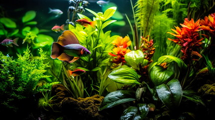 Wall Mural - Home aquarium scene with plants and fish.Generative AI