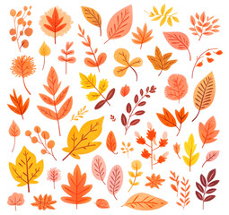 Wall Mural - Set of colorful leaves in autumn hues isolated on white background, illustration in cartoon style