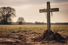 A Single Grave With A Wooden Cross In A Field