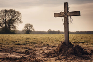 A single grave with a wooden cross in a field