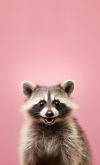 Wall Mural - Cute racoon with happy positive smiling expression. Copy space above. Generative AI