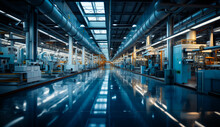 Modern Futuristic Empty Factory. Interior Of Industrial Warehouse Building. Generative AI.
