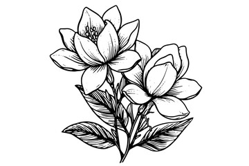 Hand drawn magnolia flower ink sketch. Engraving style vector illustration.