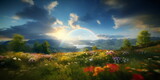 Fototapeta Na ścianę - Swissland rainbow on sunset sky across a stunning vista landscape,mountains wildflowers sun flares