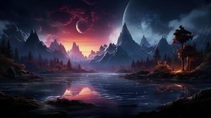 Wall Mural - Night fantasy landscape with abstract mountains and island on the water, explosive volcano with burning lava, neon light. Dark Futuristic natural scene with reflection of light in the water.