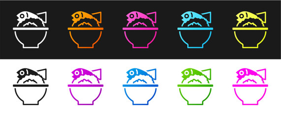 Sticker - Set Served fish on a bowl icon isolated on black and white background. Vector