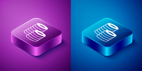 Sticker - Isometric Casino chips icon isolated on blue and purple background. Casino gambling. Square button. Vector