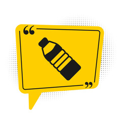 Poster - Black Bottle of water icon isolated on white background. Soda aqua drink sign. Yellow speech bubble symbol. Vector