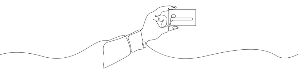 Poster - Bank card in hand icon line continuous drawing vector. One line Contactless payment card template icon vector background. Blank bank card template icon. Continuous outline of a Bank card in fingers ic