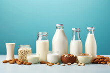 Non Dairy Plant Based Milk In Bottles And Ingredients On Turquoise Background. AI Generated