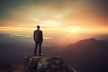 image of a successful entrepreneur looking towards the horizon, with a motivational motto prominentl