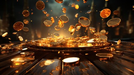 Poster - falling flying gold coins money gems from the top with bright yellow glow, casino game style