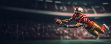 An American Football Player Catches The Ball In A Beautiful Jump. The Background Is A Football Arena And A Place For Text. Generative Ai