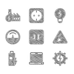 Sticker - Set Electrolytic capacitor, Laptop, Gear and lightning, High voltage, Battery charge, Electric meter, Creative lamp idea and Nuclear power plant icon. Vector