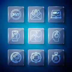 Poster - Set line Telephone 24 hours support, Lifebuoy, Stopwatch, Laptop and help, Piece of puzzle, Mobile with question, Clock and Support operator in touch icon. Vector