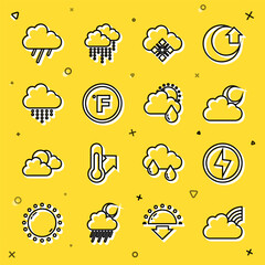 Poster - Set line Rainbow with clouds, Lightning bolt, Cloud moon, snow, Fahrenheit, rain, and and sun icon. Vector