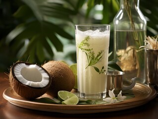 Sticker - Coconut juice installed in the glass, product photography,