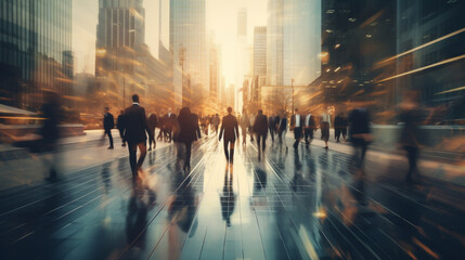 abstract motion blur image of business people crowd walking at corporate office in city downtown, bl