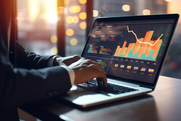 Business Strategy. business man hand working on laptop computer financial with graphic graph chart diagram, stock market, investment, digital technology, trading statistics concept, Generative AI