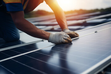 Alternative Energy. engineer technician working and checking installing solar cell farm power plant eco technology on the roof, renewable energy, save energy, solar power concept, Generative AI