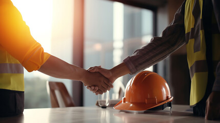 Wall Mural - construction worker team hand shaking after consultation meeting start up plan new project contract in office center at construction site, teamwork, partnership and contractor concept, Generative AI