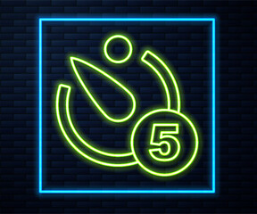 Poster - Glowing neon line Camera timer icon isolated on brick wall background. Photo exposure. Stopwatch timer 5 seconds. Vector