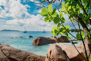 Wall Mural - Beautifully shaped granite boulders and a perfect white sand. Most beautiful tropical beaches - Seychelles, Praslin island