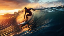 Surf On Sunset Sea ,surfer Silhouette On Sunset Sea Water Wave Splash On Sun Light Flares