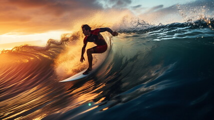 Wall Mural - surf on sunset sea ,surfer silhouette on sunset sea water wave splash on sun light flares