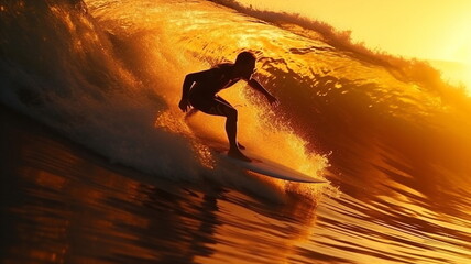 Wall Mural - surf on sunset sea ,surfer silhouette on sunset sea water wave splash on sun light flares