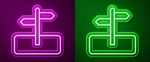 Sticker - Glowing neon line Road traffic sign. Signpost icon isolated on purple and green background. Pointer symbol. Isolated street information sign. Direction sign. Vector