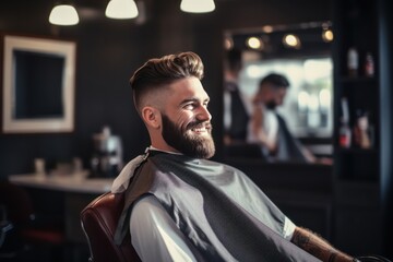 a handsome model man with a beard in the hairdresser barbershop salon gets a new haircut trim and st