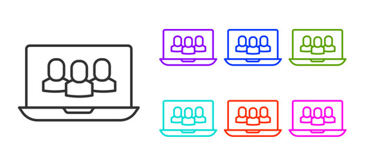 Poster - Black line Video chat conference icon isolated on white background. Online meeting work form home. Remote project management. Set icons colorful. Vector
