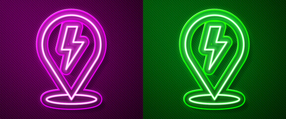 Sticker - Glowing neon line Lightning bolt icon isolated on purple and green background. Flash sign. Charge flash icon. Thunder bolt. Lighting strike. Vector