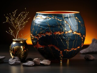 Sticker - A pottery cup isolated in dark . kintsugi