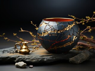 Sticker - A pottery cup isolated in dark . kintsugi