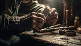 Fototapeta  - One skilled man crafting leather with hand tool indoors generated by AI