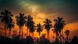 Fototapeta Zachód słońca - Golden palm tree silhouettes against vibrant sunset sky over water generated by AI