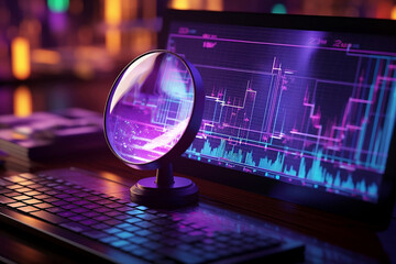 Data analysis, search engine optimization or SEO. magnifier, charts, graphs. ultraviolet and neon screen. AI generative